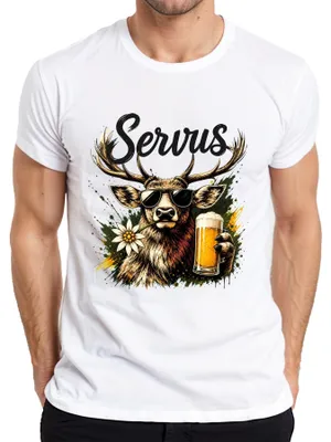 Productafbeelding van Servus Hirsch, Beierse bier, zonnebril, traditioneel shirt, leren broek, heren T-shirt, wit, maat M