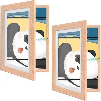 Two wooden picture frames with cartoon panda images are displayed at an angle against a white background.