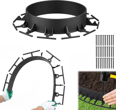 A collage of images showing a black plastic garden edging product, including a full circle, a bent section, a pile of nails, and a close-up of the edging being installed into the ground with a drill.