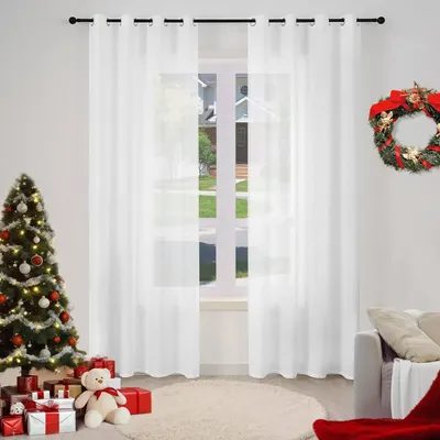 Immagine prodotto di Set di 2 tende da finestra in stile voile, con passanti, effetto lino, colore bianco, dimensioni 135 x 225 cm