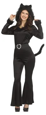 Produktbild von Katzenkostüm Damen – Schwarze Katze mit Kapuze, Ohren, Schwanz & Glitzer-Gürtel – Größen S–L – Halloween Fasching Karneval Damen Größe: S