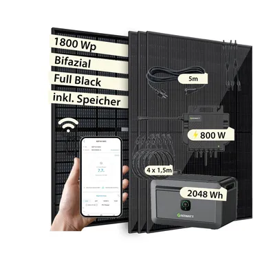 Produktbild von VALE Balkonkraftwerk 1800 Wp mit Speicher Bifazial | Growatt Noah 2.048Wh & Neo 800M-X | 4x 450Wp Full-Black, 5m AC, WiFi