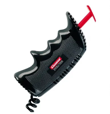 A black and red Carrera Evolution hand controller for a slot car racing set, shown against a white background.