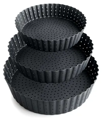 Produktbild von Set 3 Extra Hohe Quicheform - Tarteform mit Hebeboden Kohlenstoffstahl - Runde Backform - Quiche Formen mit Antihaftbeschichtung - Kuchenform - 20, 24 und 28 cm