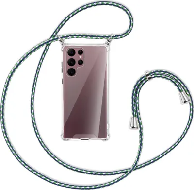 Produktbild von Handykette Backcover-Schutzhülle mit Band (Metall silberfarben) für Samsung Galaxy S22 Ultra 5G (S908) - grün/blau/weiß