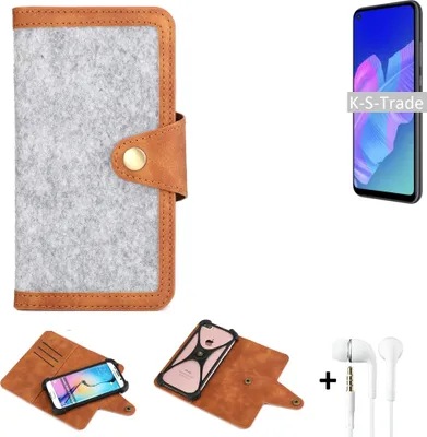 Produktbild von K-S-Trade Handyhülle + Kopfhörer kompatibel mit Huawei P40 lite E Schutzhülle Filz Hülle Kunstleder hellgrau braun (1x)