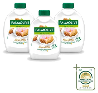 Image de 3 flacons recharge de savon pour les mains Palmolive Naturals, lait et amande - 300 ml - Pack économique - 3 pièces