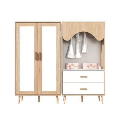 Produktbild von Merax Kinderkleiderschrank Set, 2-türiger Kleiderschrank mit offenem Schrank, Kleiderstange, Schubladen, Kinderzimmer Schrank mit Stauraum, Weiß+Natur