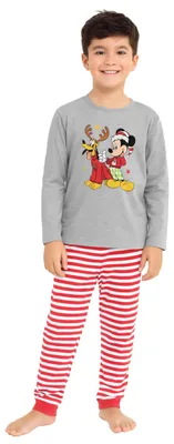 Produktbild von Disney Mickey Mouse XMAS Schlafanzug für Jungen - Micky & Pluto Christmas Kinder Winter Pyjama Set Weihnachten Langarm Oberteil mit Hose Grau/Rot 110-116