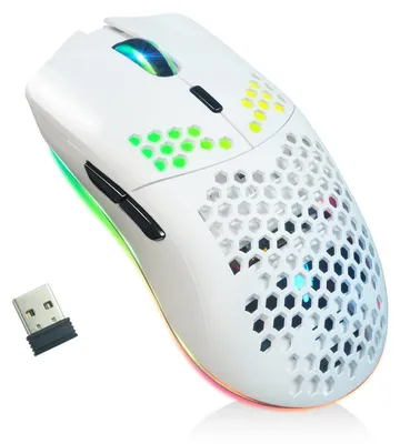 Zdjęcie produktu dla Bezprzewodowa mysz do gier z strukturą plastra miodu, 11 efektów podświetlenia RGB, 3400 DPI, 6 programowalnych przycisków, odbiornik USB, energooszczędna, biała