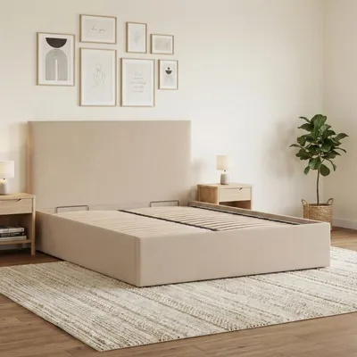 Produktbild von Polsterbett PAOLA 180x200 – Modernes Doppelbett mit Kopfteil und Holzlattenrost, ohne Bettkasten Beige Geflecht
