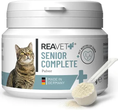 Produktbild von REAVET Senior Complete Pulver für ältere Katzen, reicht 3 Monate, Mineralien, Aminosäuren & Vitamine für alte Katze, Gedächtnis- & Herzfunktion, Vitalität, Agilität, Senioren Futter