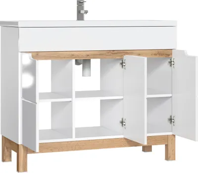 A white and wood-grain bathroom vanity with open doors and shelves.