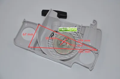 A starter assembly for a chainsaw, with dimensions marked on it.