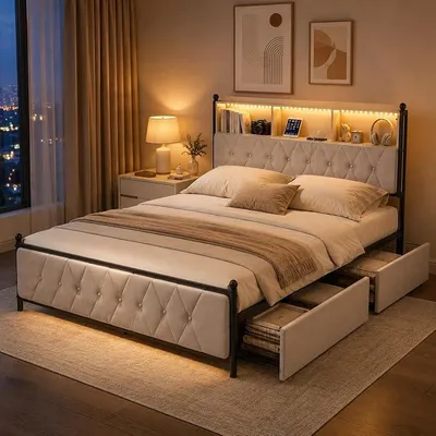 Obrázok produktu pre Postel s čalúneným čelom, dvojlôžko 160x200 cm, postel s úložným priestorom a 4 zásuvkami, rošt, postel 160x200 s úložným priestorom, čalúnené čelo s LED osvetlením a nabíjacou stanicou USB, posteľ pre mládež s opierkou, materiál: zamat