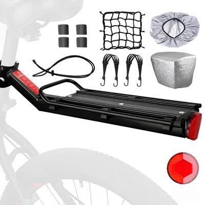 Produktbild von Gepäckträger für Mountainbikes, Aluminiumlegierung, verstellbar, mit Schnellverschluss zur Montage an der Sattelstütze, inklusive Zubehör und Reflektor.