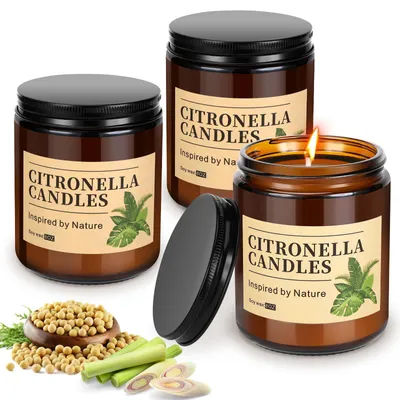 3er-Set Citronella-Kerzen, Sojawachs, 240 h Brenndauer, mit Deckel