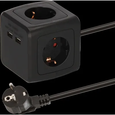 Produktbild von BAT Steckdosenwürfel 4-fach mit 2x USB (Mehrfachsteckdose mit erhöhtem Berührungsschutz und 1,4m Kabel) schwarz