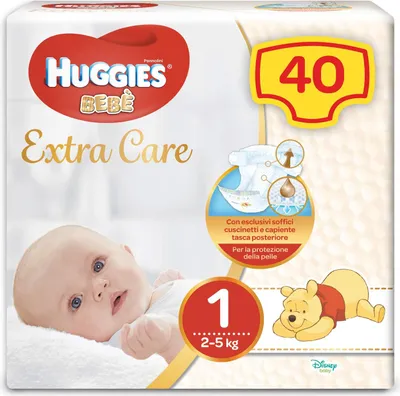 Obrázek produktu pro Huggies Extra Care Bebè, plenky velikosti 1 (2-5 kg), vysoce absorpční, kompletní ochrana, design Disney, 40 kusů