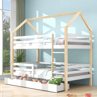 Obrázok produktu pre Flieks Poschodová posteľ 90x200 cm pre 2 deti, podkrovná posteľ s ochranou proti vypadnutiu, poschodová posteľ pre deti so zásuvkami a rebríkom