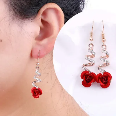 Produktbild von Strass eingelegte Rose Blume Spirale baumeln Frauen Haken Ohrringe Schmuck Geschenk