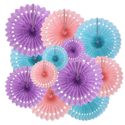 Image de Éventails en papier décoratifs, lot de 12, guirlande suspendue, rose, violet, bleu, ensemble de décoration pour fêtes, 15-30 cm