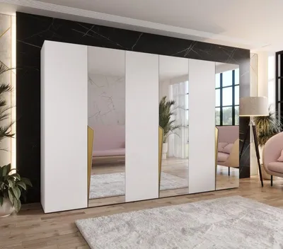 Obrázek produktu pro Velká zrcadlová šatní skříň 300 cm SORAYA 2 - bílá / zlaté úchyty