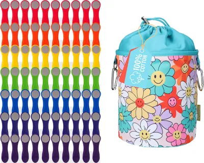 Produktbild von 70 Wäscheklammern Regenbogen Grau Edelstahl und 1 bellaCott Wäscheklammerbeutel Blumen Smileys