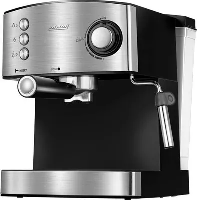 A studio shot of a black and silver espresso machine.