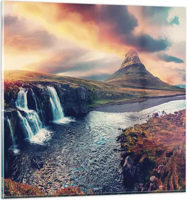Produktbild von Bilder auf glas - Einteilig - Wasserfall Himmel Berg - 70x70cm - Glasbilder - Wandbilder - Bilder - zum Aufhängen bereit - Wanddekoration aus Glas - Glas Bilder - Wandbild auf Glas - GAC70x70-5111