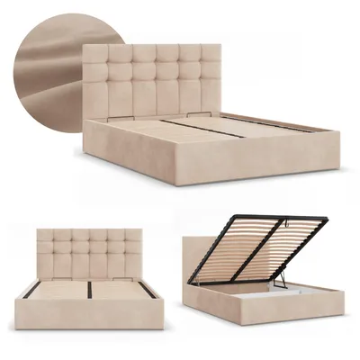 Produktbild von Polsterbett 160x200 cm mit Lattenrost, Doppelbett mit Bettkasten, elegantes Stauraumbett mit Kopfteil, hochklappbar, Samtstoff, Beige, SORIA 160 x 200