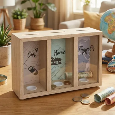 Productafbeelding van Spaarpot Hout - Decoratieve Spaarpot - Geldgeschenken - Creatieve Gelddoos - Transparant Kader - 16 x 24 x 7 cm
