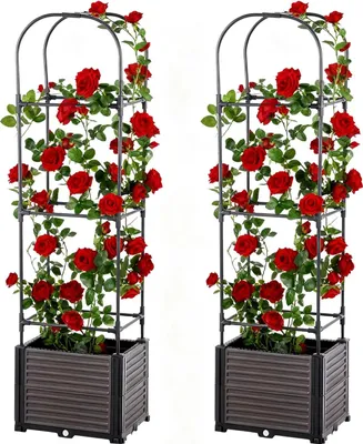 Image de Lot de 2 jardinières surélevées - Bacs à plantes avec treillis - Pour plantes grimpantes, légumes et tomates - Intérieur/extérieur - Plastique - Marron