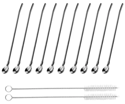 10 Edelstahl-Löffelstrohhalme mit 2 Reinigungsbürsten, 22 cm