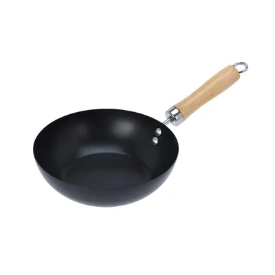 Productafbeelding van Mini wokpan met houten handvat, diameter 20 cm, stalen wokpan met antiaanbaklaag, geschikt voor gasfornuis, elektrische kookplaat en keramische plaat