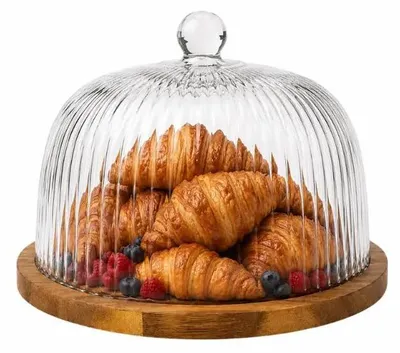 Produktbild von Glashaube mit geripptem Glas und Serviertablett aus Akazienholz, 30,5 cm Durchmesser