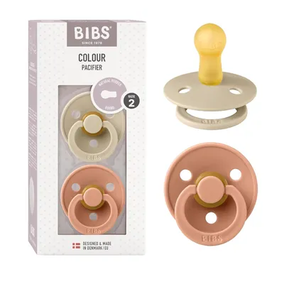 Produktbild von BIBS Colour Schnuller 2er-Pack, BPA-frei, Kirschform Nippel. Naturkautschuk / Latex, Hergestellt in Dänemark. Größe 2 (6-18 Monate), Vanilla / Peach