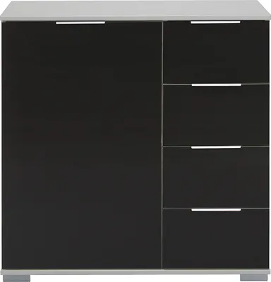 Produktbild von Schlafzimmer Kommode in weiß mit schwarzem Glas ELSTRA-43, B/H/T ca. 81/83/41 cm