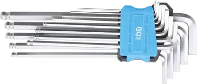 A set of L-shaped hex keys, also known as Allen wrenches, are neatly arranged in a blue holder.