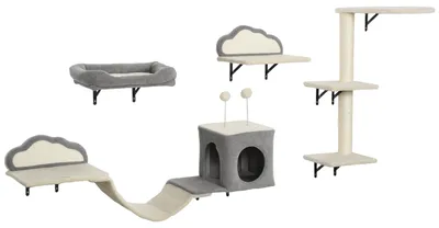 Immagine prodotto di Set di tiragraffi a parete per gatti, composto da 4 elementi | Colore: Beige | Dimensioni: 50x40x84 cm
