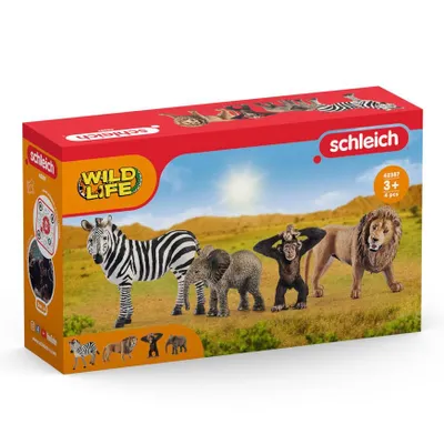 Produktbild von Schleich 42387 - Wild Life Starter-Set (Löwe, Zebra, Elefantenbaby, Schimpanse), 4-teilig