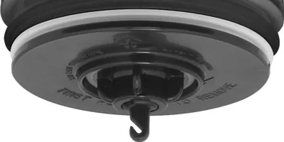 A close-up view of the bottom of a black thermos lid with a hook-like mechanism.