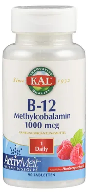 Obrázok produktu pre KAL Methylcobalamin, vitamín B12, 1000 µg, ActivMelt, pastilky na rozpustenie v ústach, 90 ks
