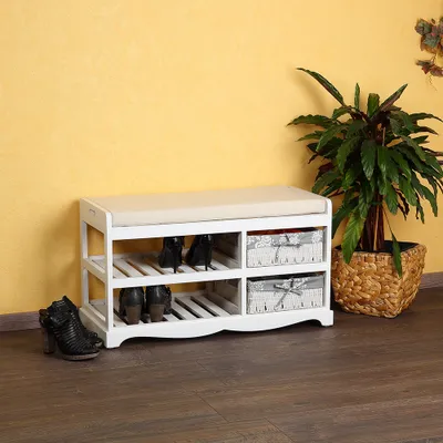 Produktbild von Mucola Sitzbank Schuhschrank Schuhregal Truhenbank  Körben Holz Kissen Bank Weiß Grau