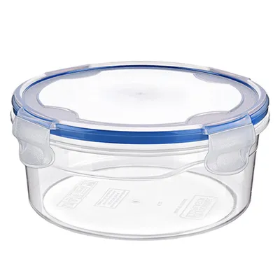 A clear studio shot of a round, clear plastic food storage container with a blue lid and white clasps.