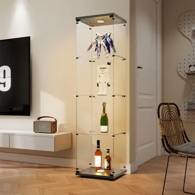 Obrázok produktu pre Sklenená vitrína s LED osvetlením, 4 poličkami, 1 dvierkami, čierna farba