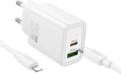 Image de Hoco Chargeur 20W GaN USB-C + USB-A Alimentation | Chargeur rapide PD QC 3.0 | Chargeur de téléphone portable blanc pour iPhone & Samsung Smartphone Adaptateur de charge y compris câble de charge Lightning