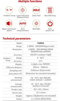 Image de TASI TA501A Tachymètre numérique Affichage LCD RPM Tachymètre numérique portable sans contact Compteur de vitesse laser Large plage de mesure 2.5~99999RPM Speed Meter for Machinery Industry Car Motors Speed Test