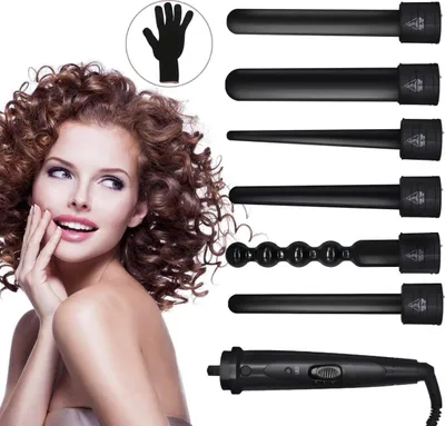 Produktbild von 6 in 1 Lockenstäbe, Schwarzes Lockenwickler-Set, 6 Austauschbare Stäbe, 2 Temperaturregelungen, Curling-Maschine Multifunktionen, Lockenstyling