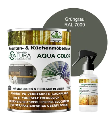 Produktbild von 750ml. + Anlauger - Contura Küchenmöbellack RAL Möbellack SEIDENMATT SET Möbelfarbe Holzlack Buntlack Küchenlack - RAL 7009 Grüngrau